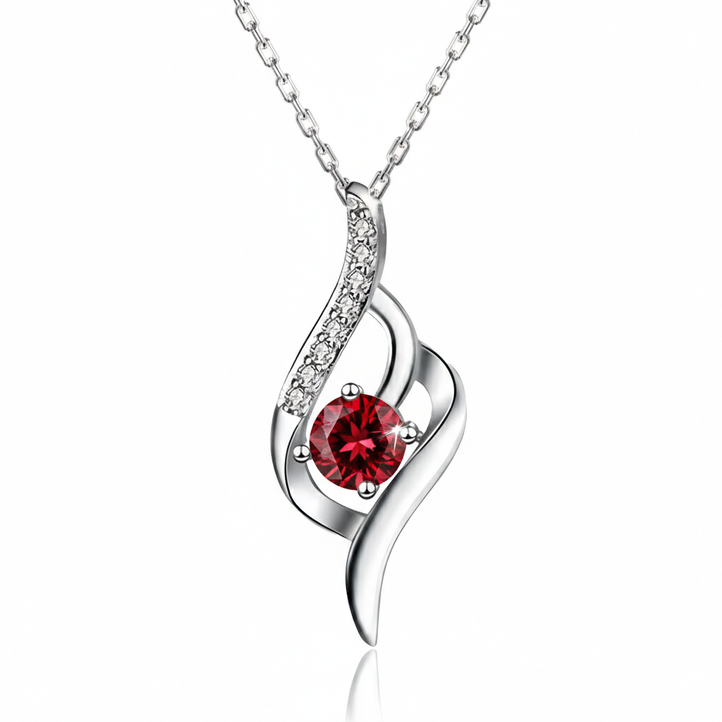 Colar Cristal Aurora prateado com cristal vermelho central