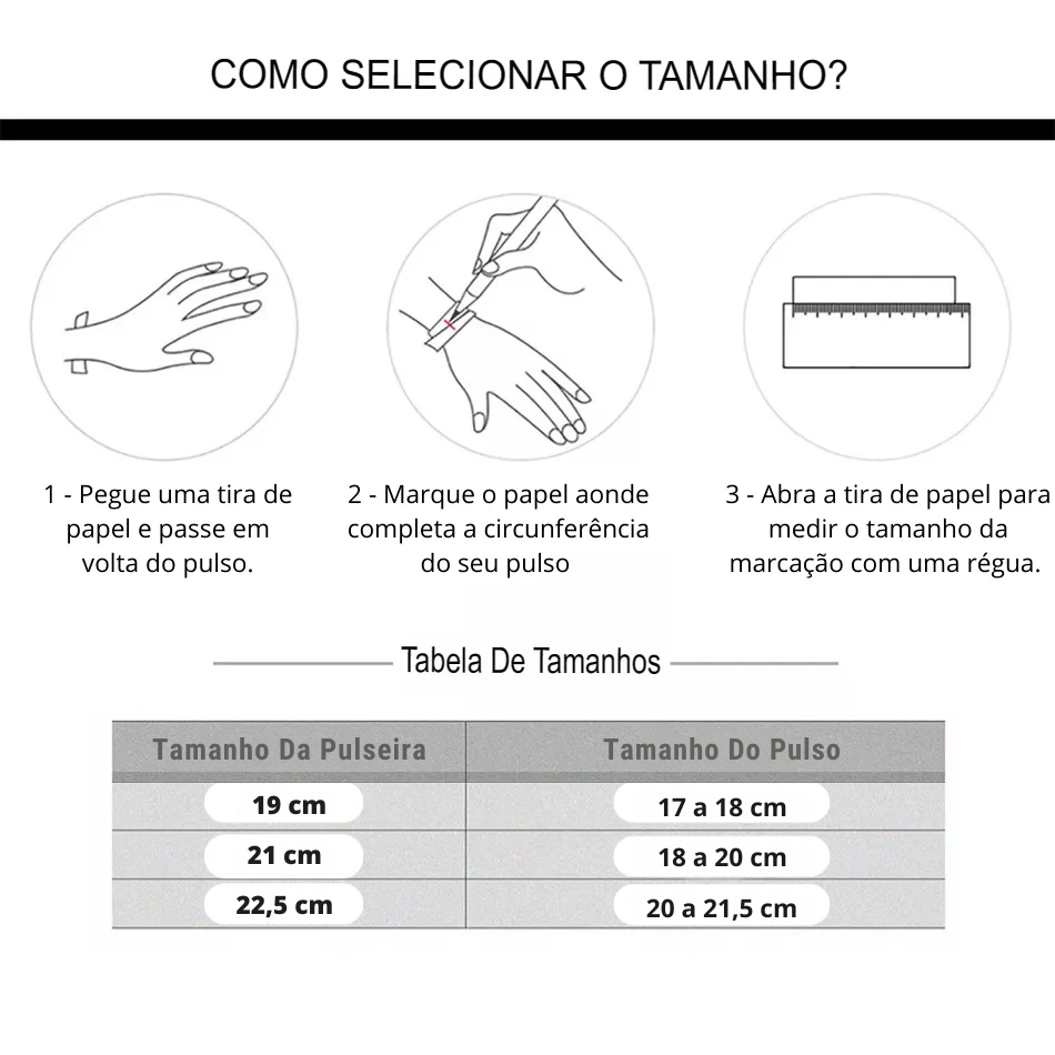 Guia de medidas da pulseira com tabela de tamanhos 19, 21 e 22,5 cm
