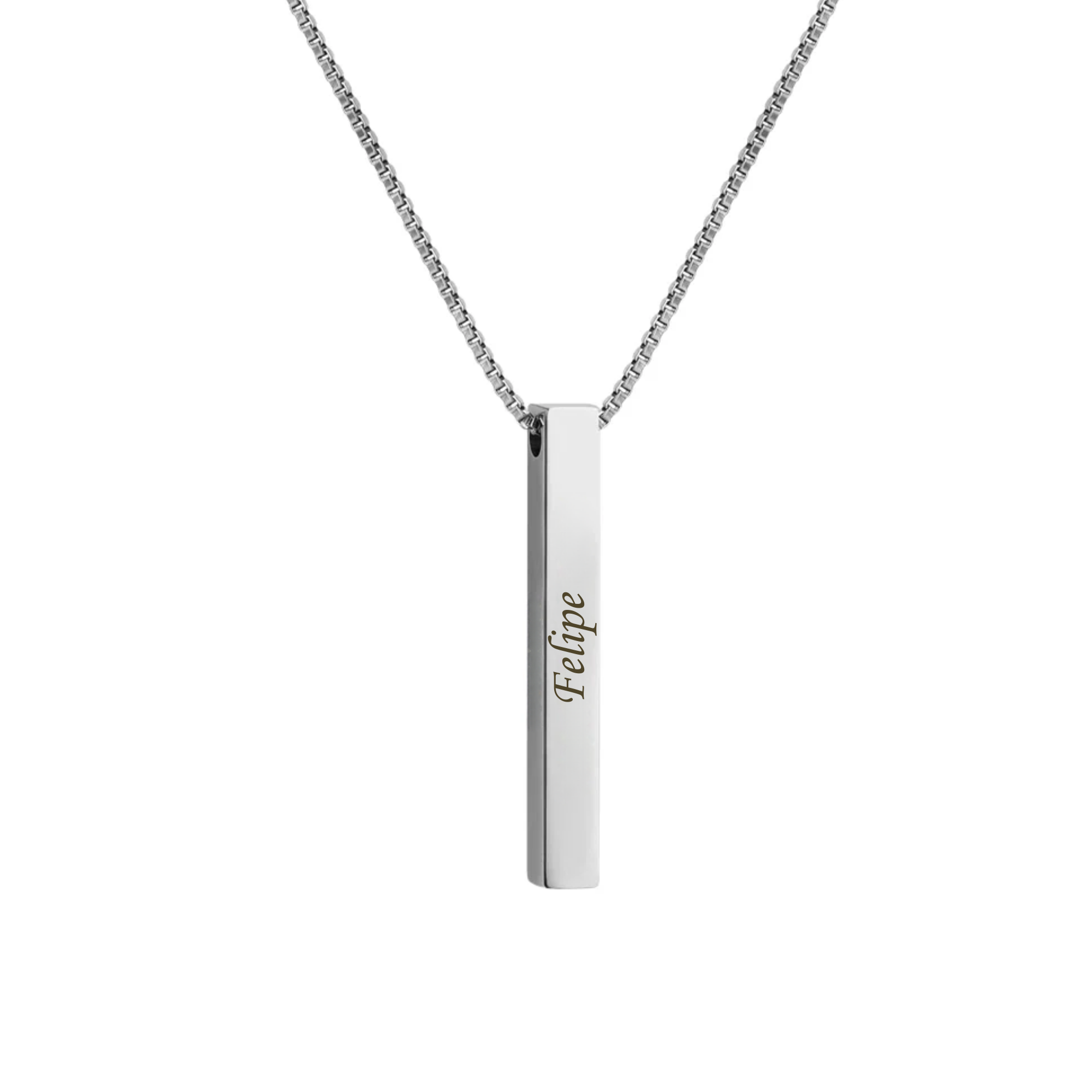 Colar 4D prata com pingente barra vertical personalizado com gravação de nomes.