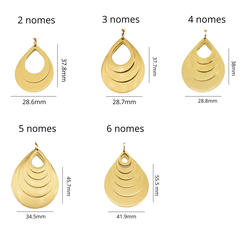 comparação de tamanhos do pingente personalizado em formato de gota para 2, 3, 4, 5 e 6 nomes com medidas