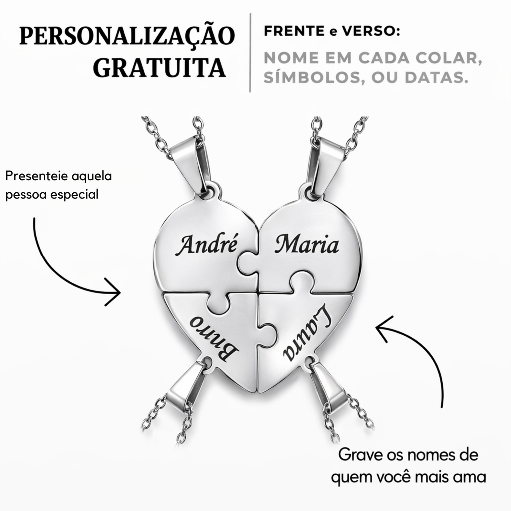 Colar quebra-cabeça personalizado em formato de coração com quatro peças gravadas com os nomes André, Maria, Bruno e Laura e texto sobre personalização gratuita