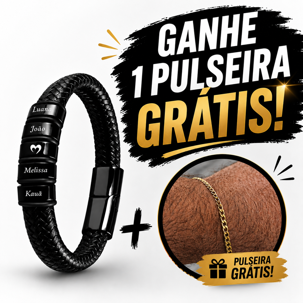 BRINDE Pulseira Banhada a Ouro 18K - Pulseira Conexão Couro Personalizada Com Nomes