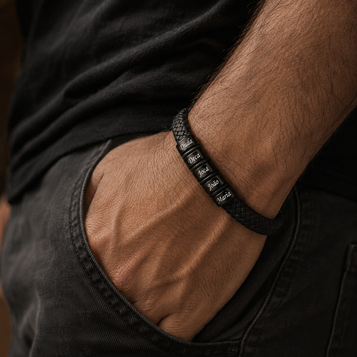 Pulseira Conexão Couro Personalizada Com Nomes - Aço Inox