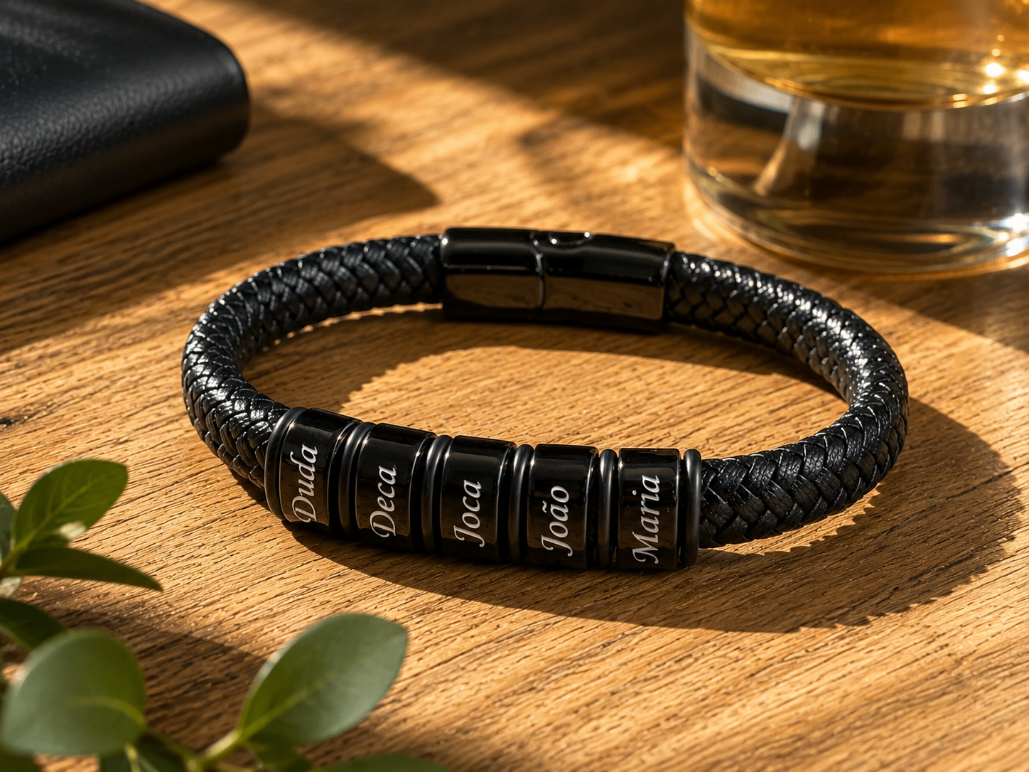 Pulseira Conexão Couro Personalizada Com Nomes - Aço Inox
