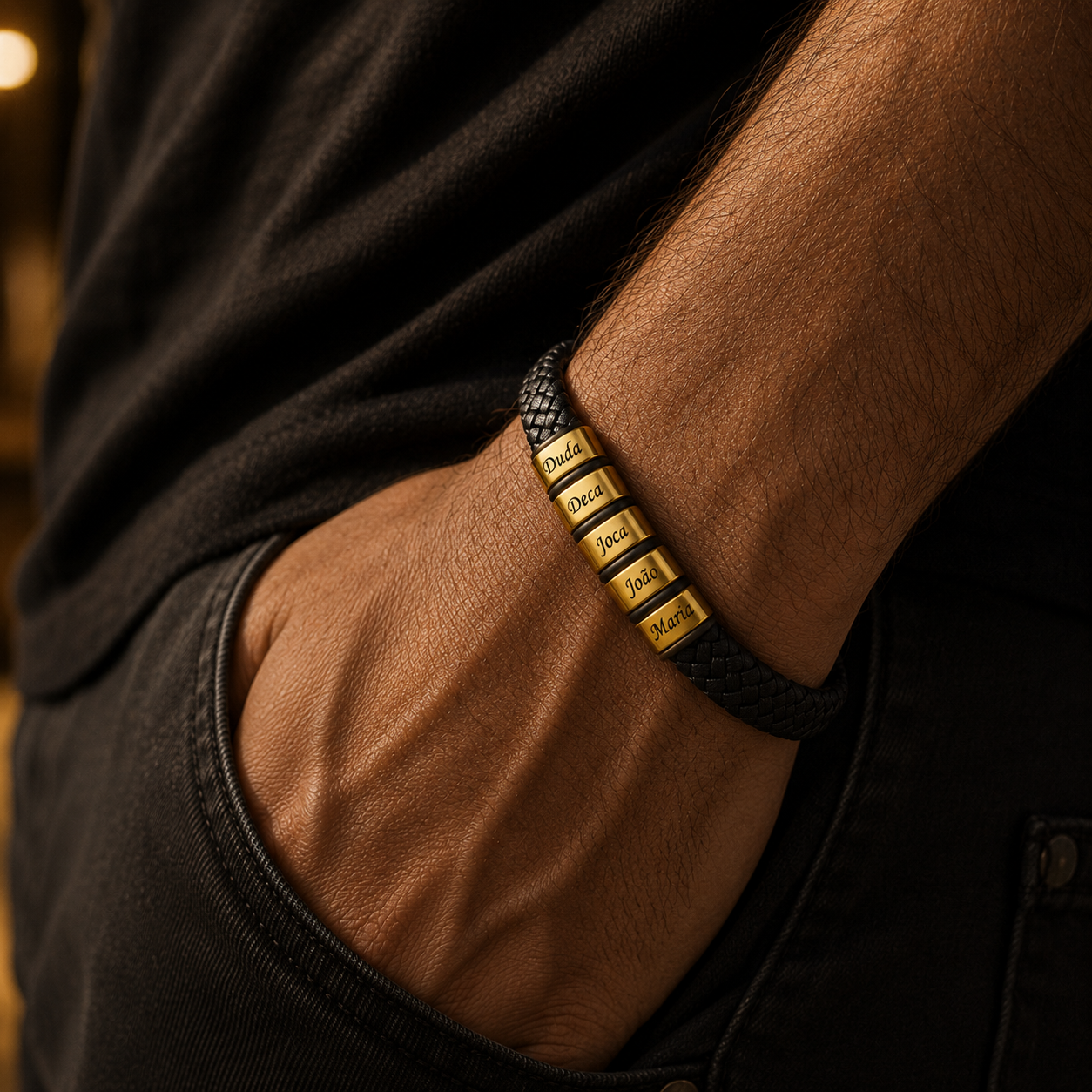 Pulseira Conexão Couro Personalizada Com Nomes - Aço Inox