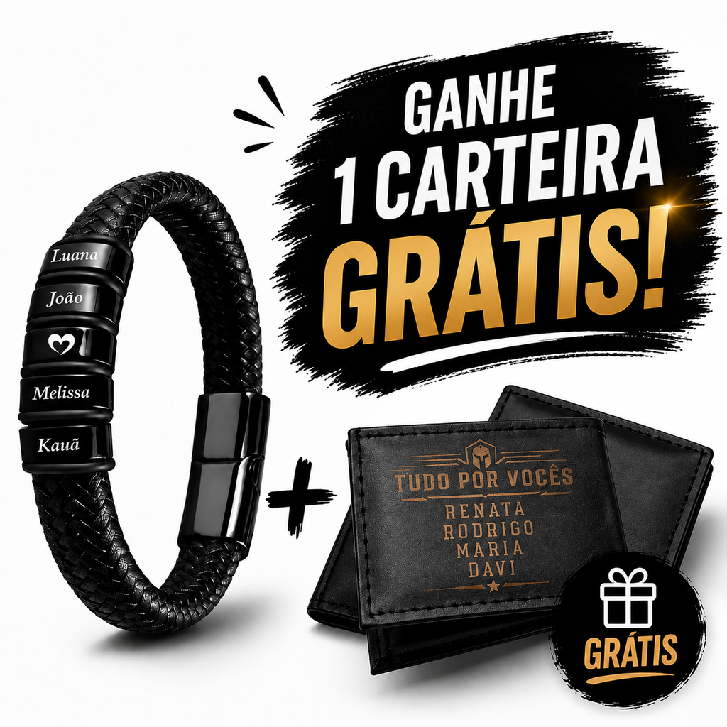 BRINDE Carteira de Couro Personalizada - Pulseira Conexão Couro Personalizada Com Nomes