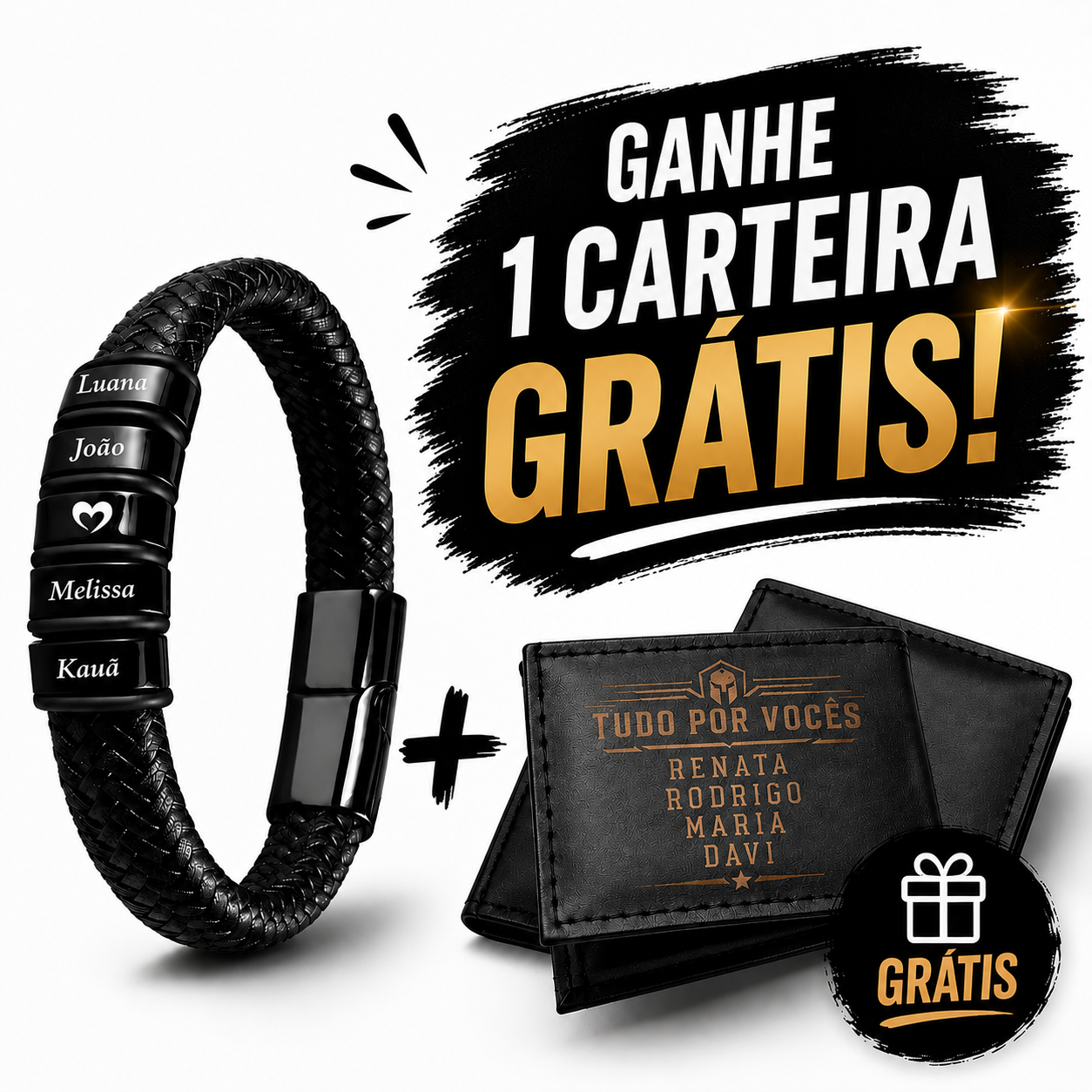 [DIA DOS PAIS] BRINDE Carteira de Couro Personalizada - Pulseira Conexão Couro Personalizada Com Nomes