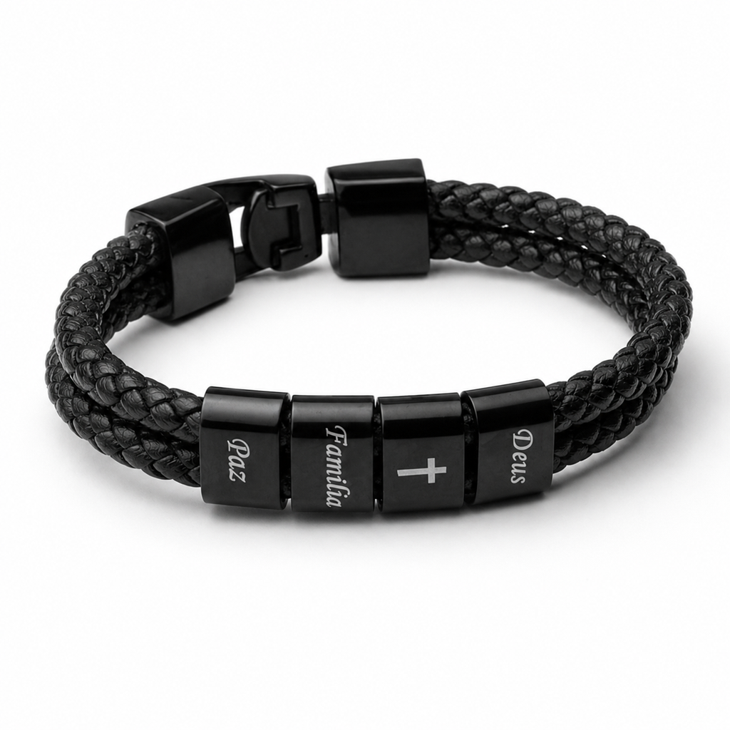 Pulseira Couro Personalizada Com Nomes - Pulseira Banhada de Brinde