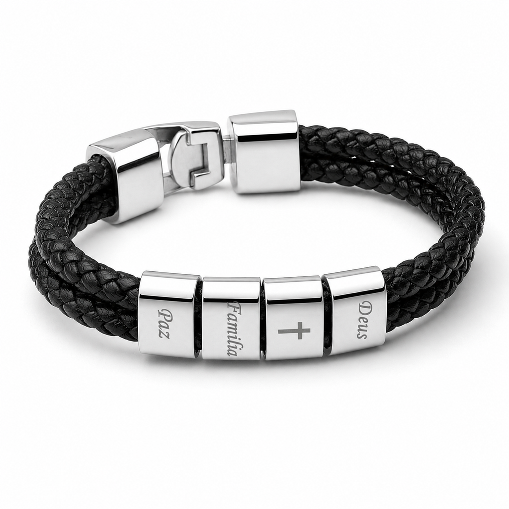 Pulseira Couro Personalizada Com Nomes - Pulseira Banhada de Brinde
