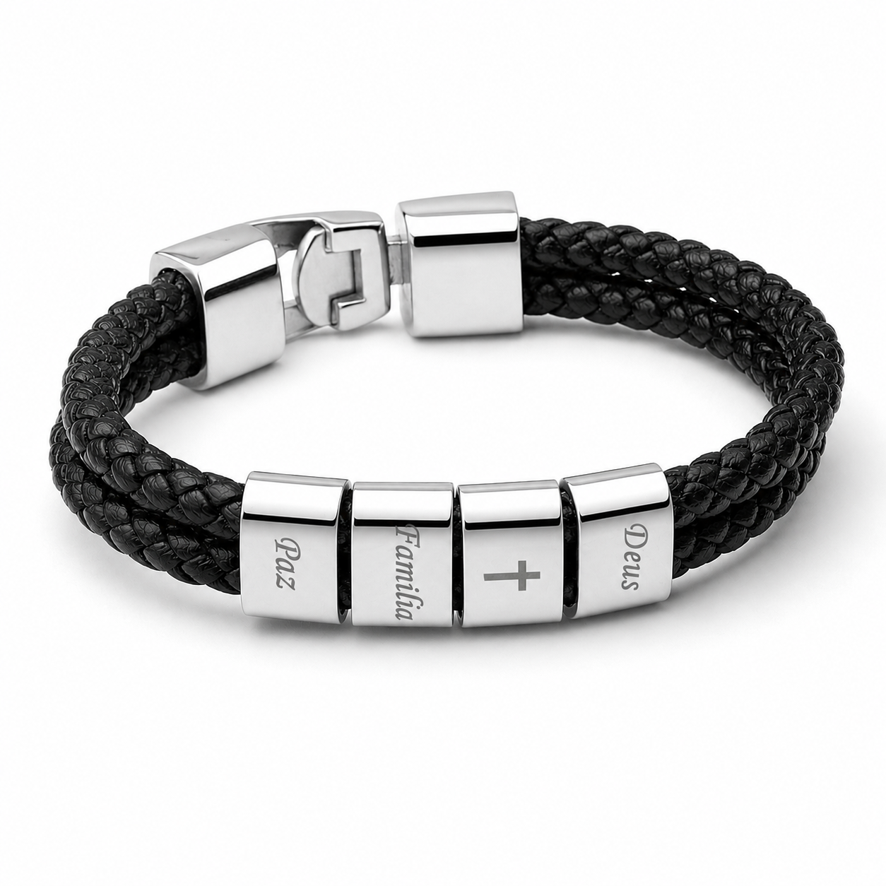 Pulseira Couro Personalizada Com Nomes - Aço inox