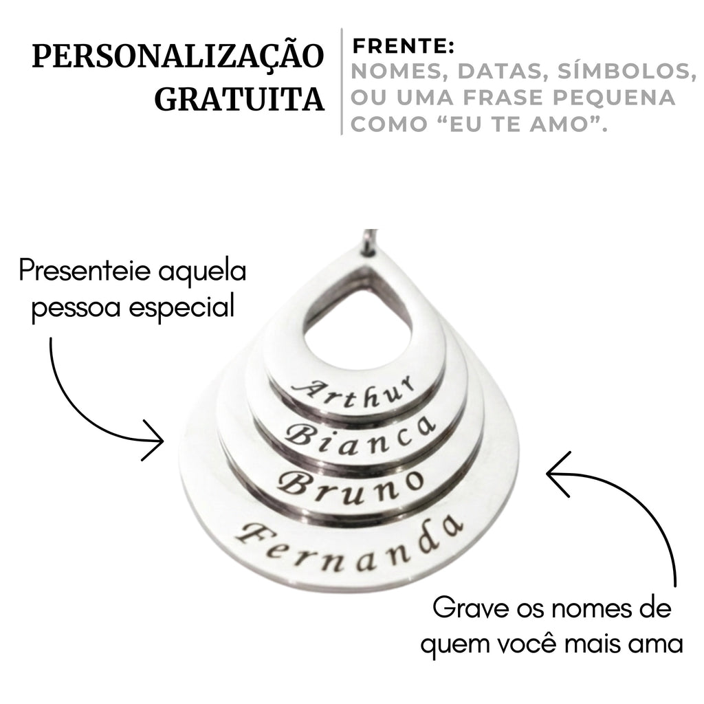 Colar_Gota_de_Amor_prateado_com_gravacao_de_nomes_em_camadas_arte_informando_personalizacao_gratuita