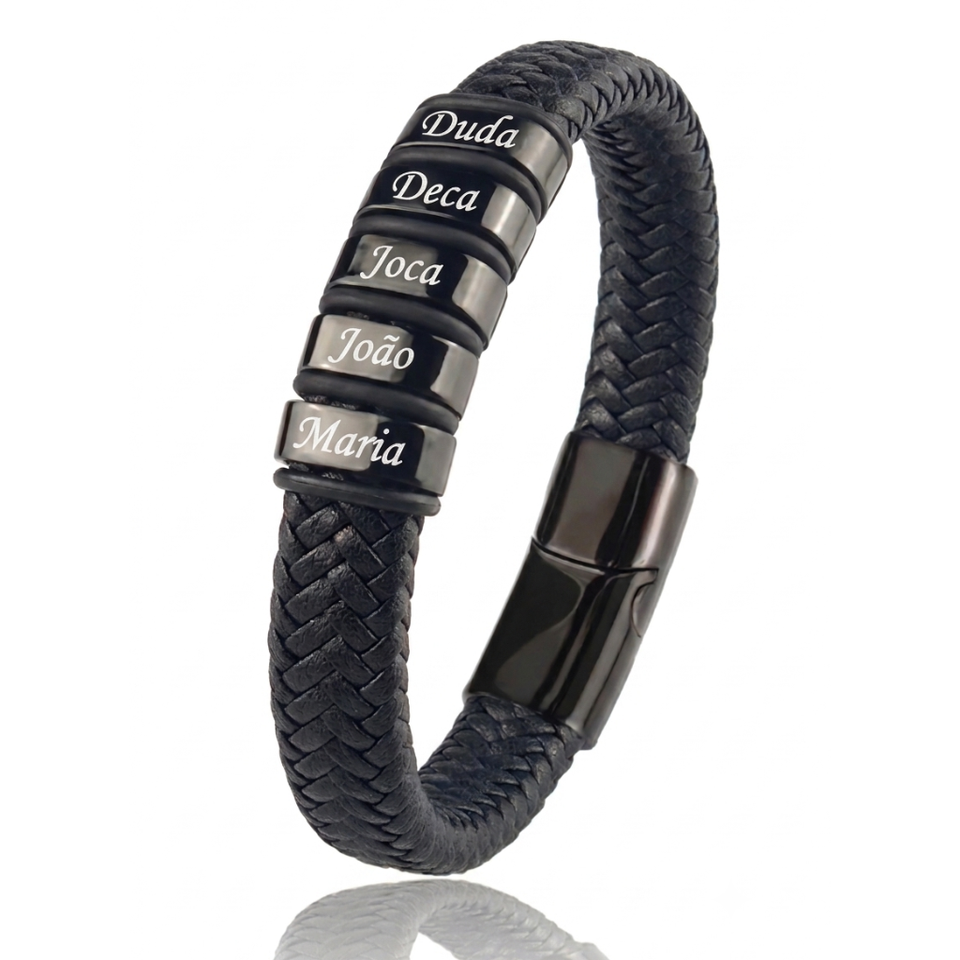 Pulseira Conexão Couro Personalizada Com Nomes - Aço Inox