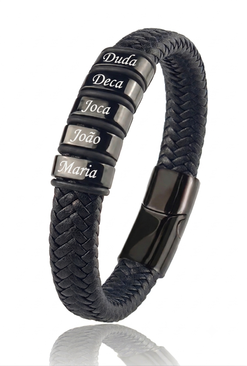 Pulseira Conexão Couro Personalizada Com Nomes - Aço Inox