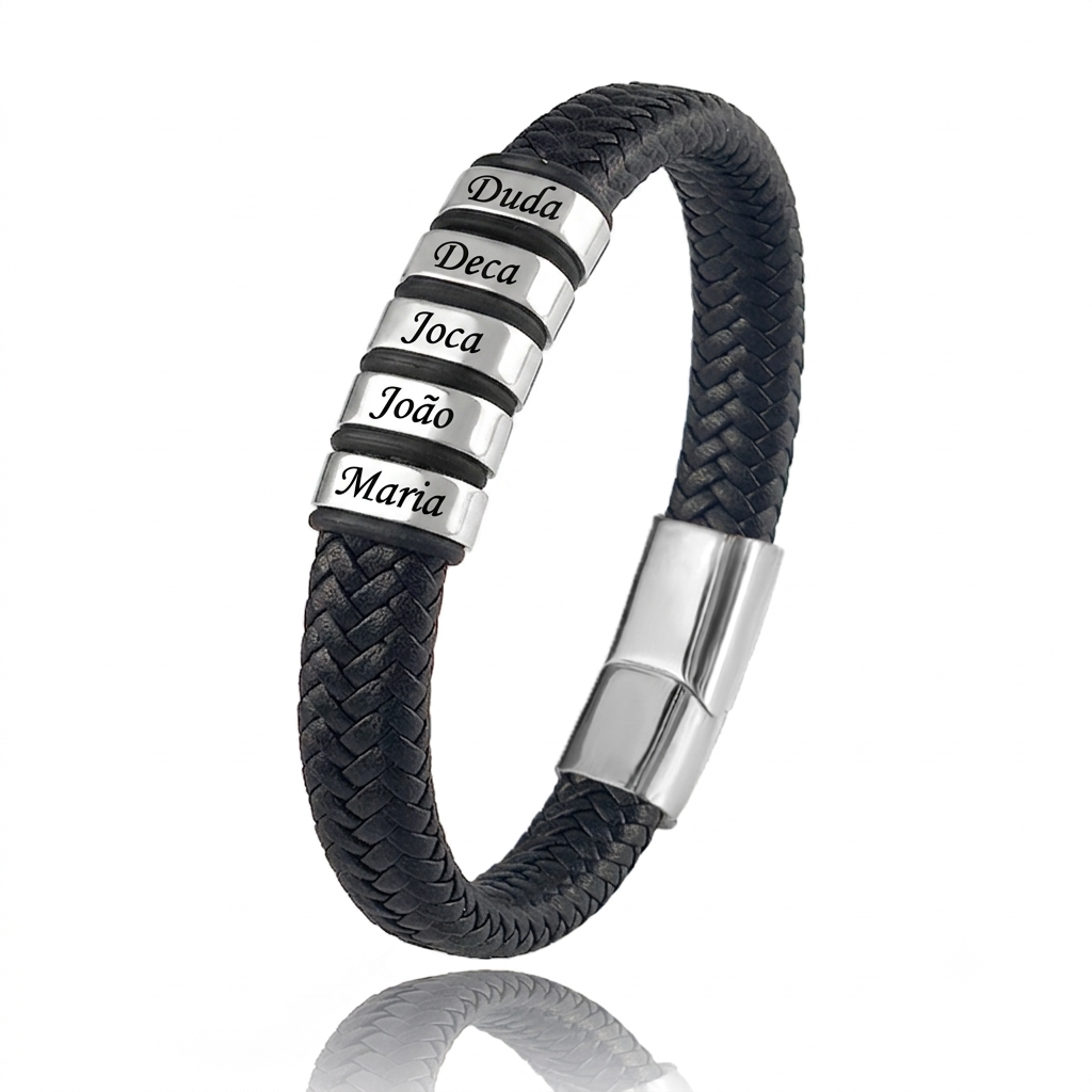 Pulseira Conexão Couro Personalizada Com Nomes - Aço Inox