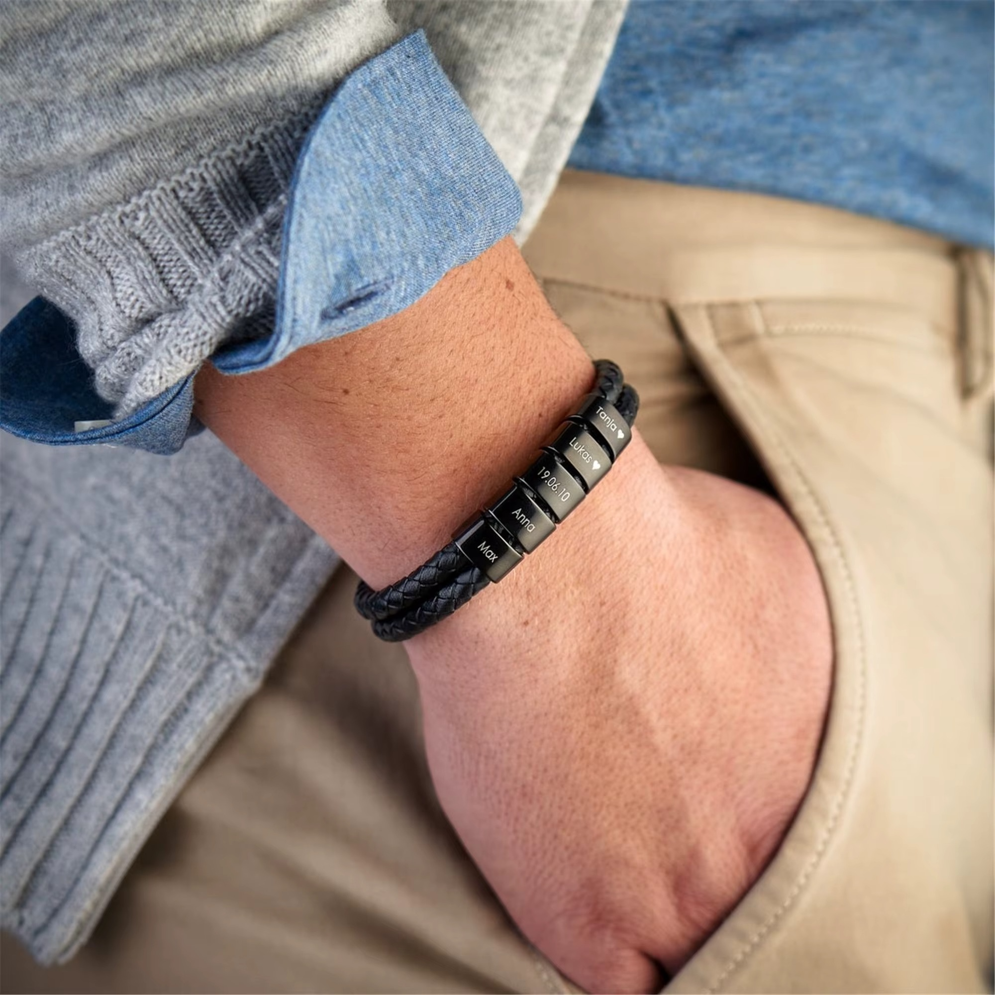 Pulseira Couro Personalizada Com Nomes - Aço inox