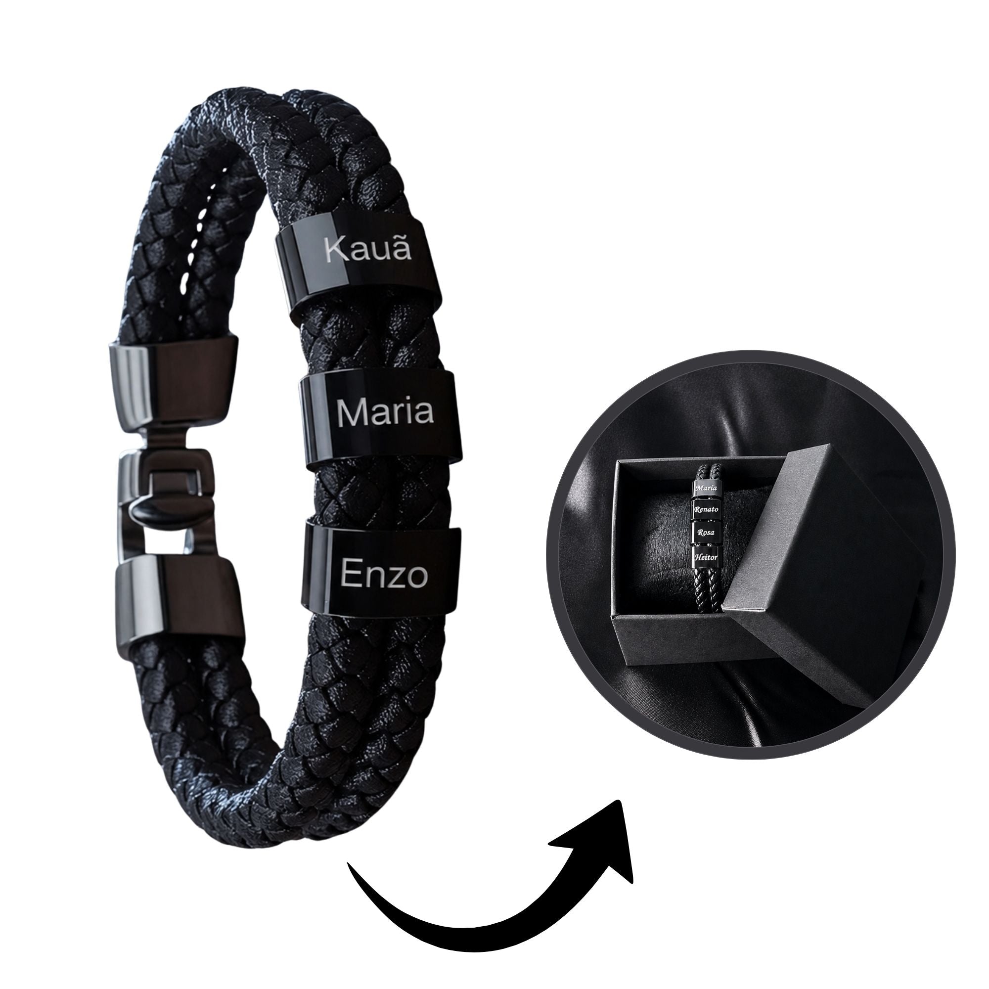 Pulseira Couro Personalizada Com Nomes - Caixa de Presente