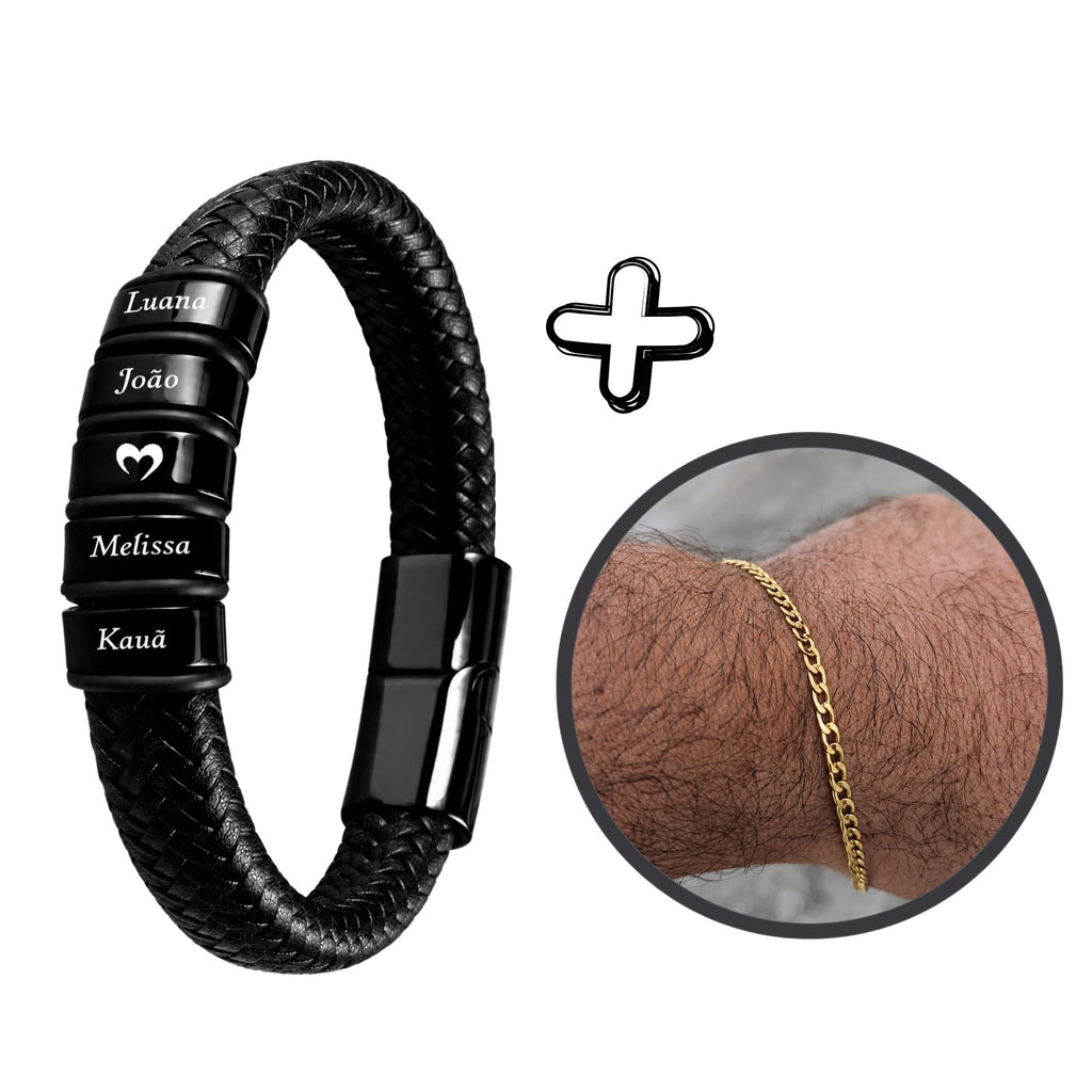 Pulseira Conexão Couro Personalizada Com Nomes - Pulseira Banhada Grátis