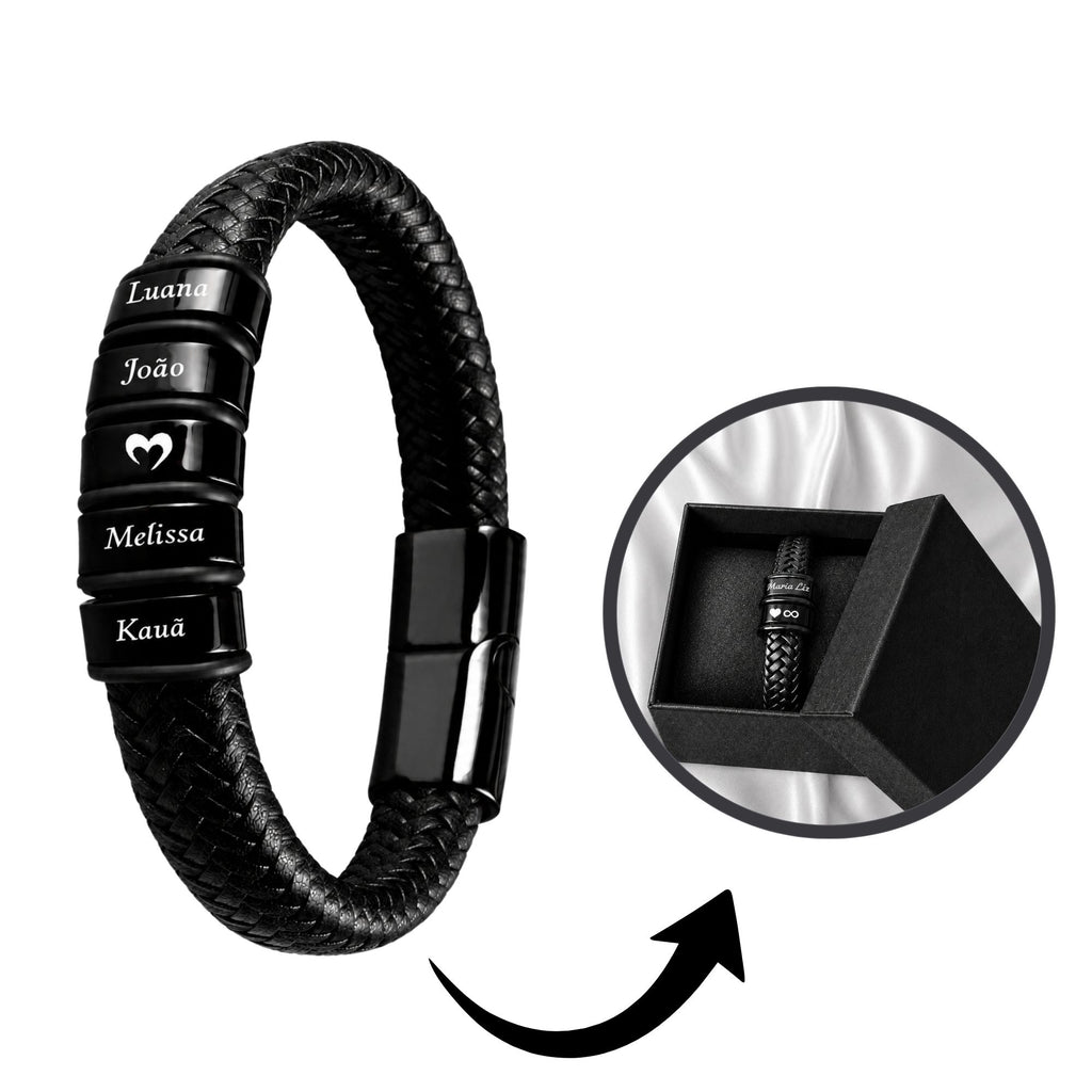 Pulseira Conexão Couro Personalizada Com Nomes + Caixa de Presente