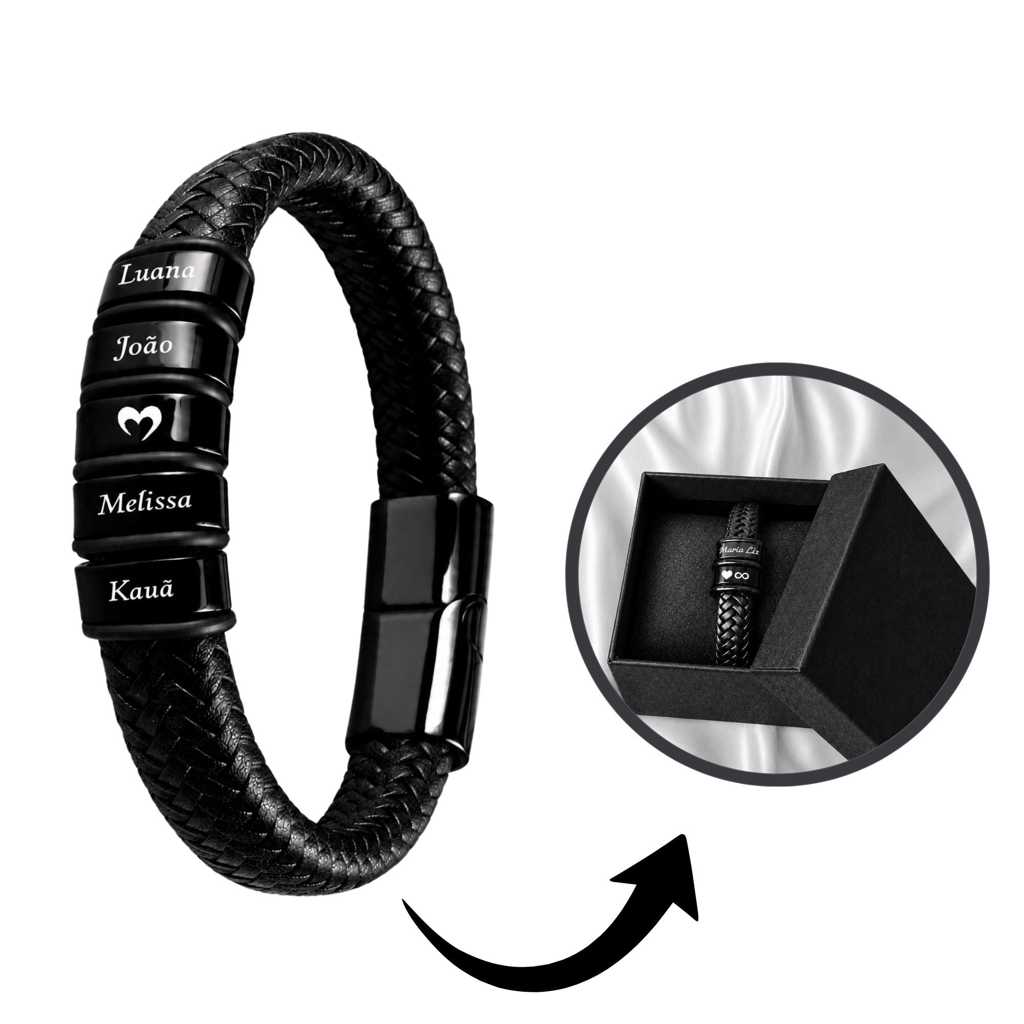 Pulseira Conexão Couro Personalizada Com Nomes + Caixa de Presente