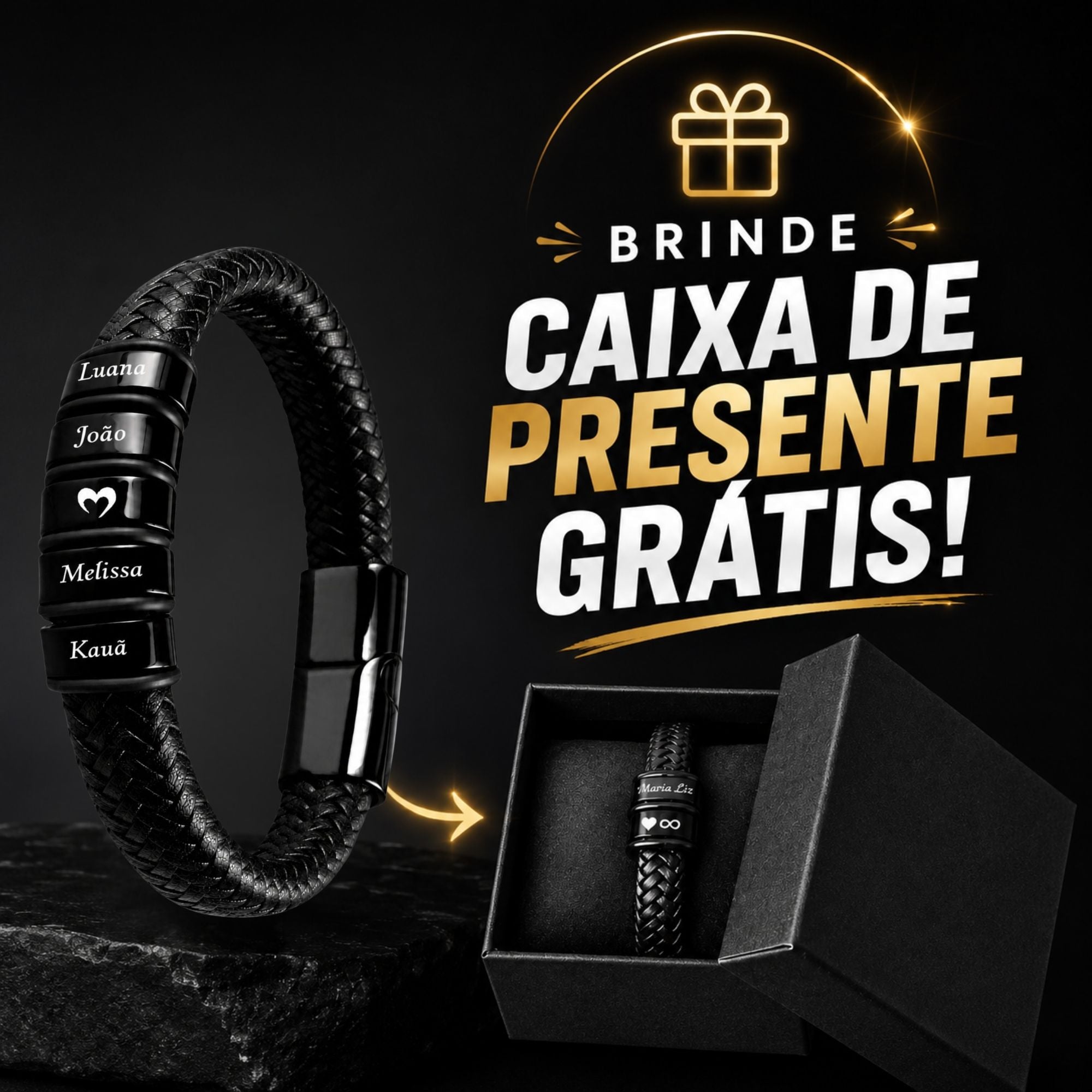 [DIA DOS PAIS] Pulseira Conexão Couro Personalizada Com Nomes + Caixa de Presente [BRINDE]
