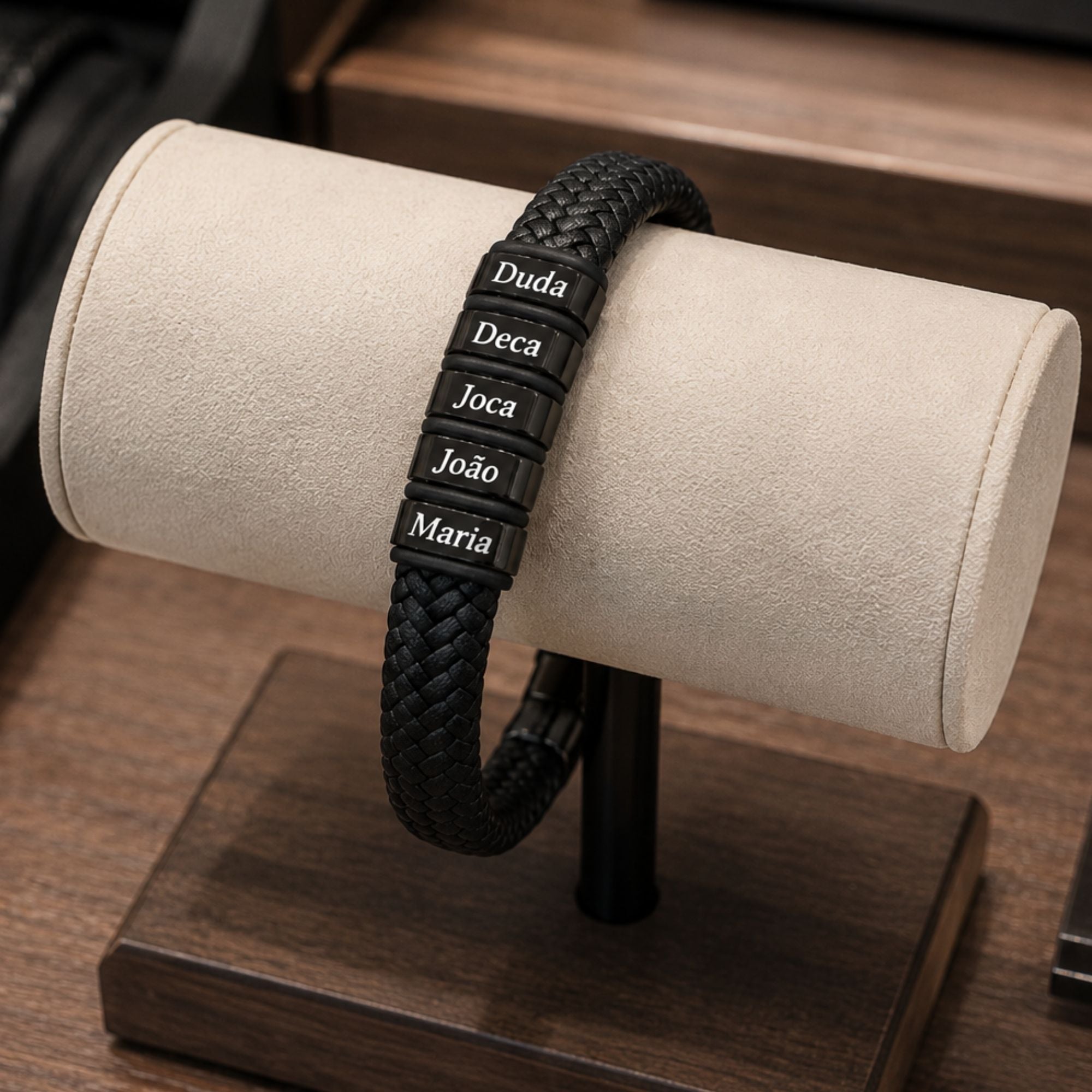 Pulseira Conexão Couro Personalizada Com Nomes - Aço Inox