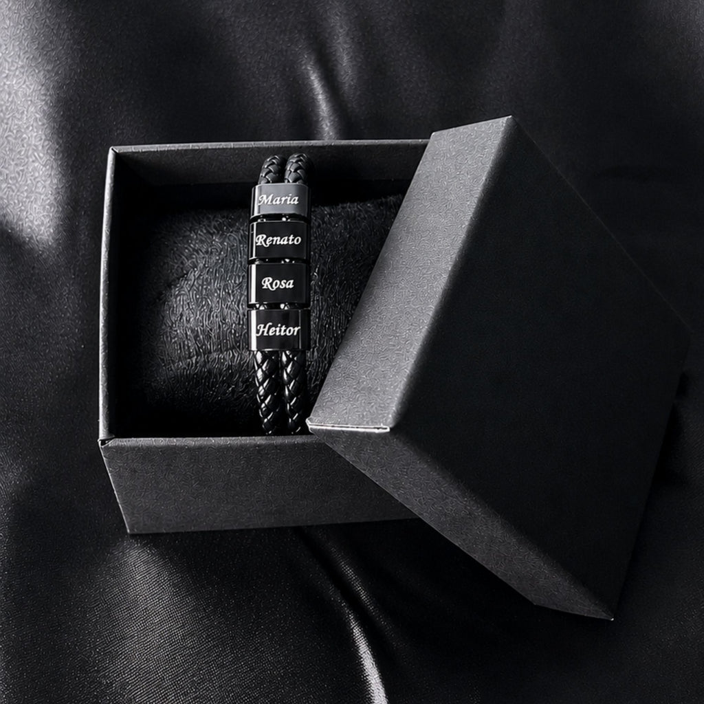 Pulseira Couro Personalizada Com Nomes - Caixa de Presente