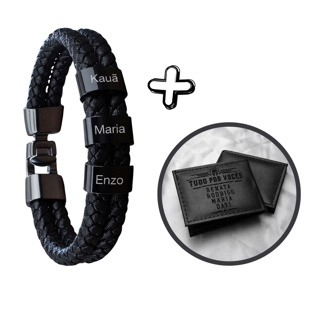 Pulseira Couro Personalizada Com Nomes - Brinde Carteira Personalizada