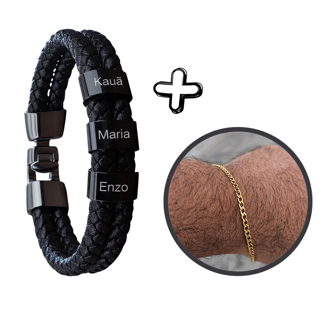Pulseira Couro Personalizada Com Nomes - Pulseira Banhada de Brinde