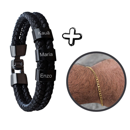 Pulseira Couro Personalizada Com Nomes - Pulseira Banhada de Brinde