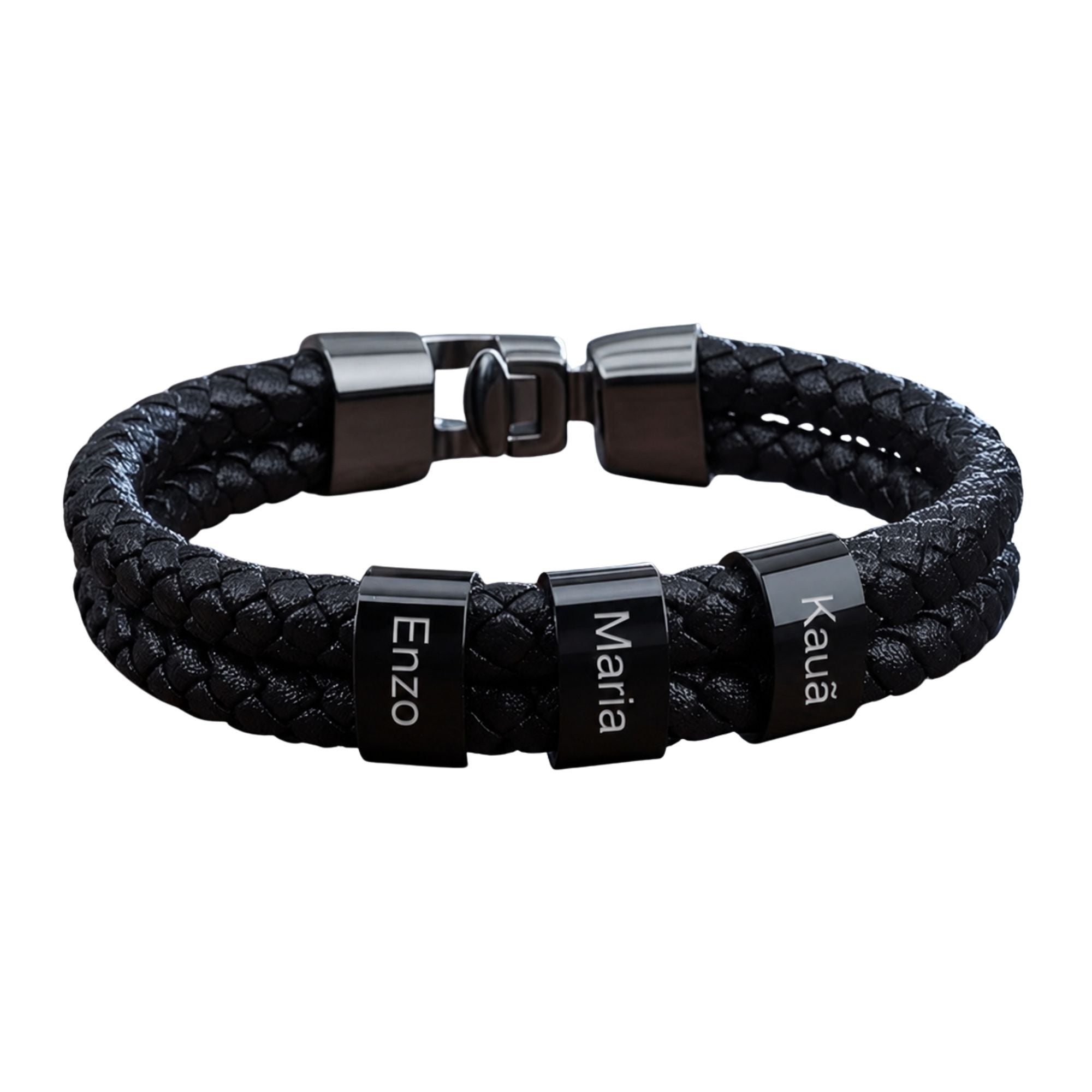 Pulseira Couro Personalizada Com Nomes - Aço inox