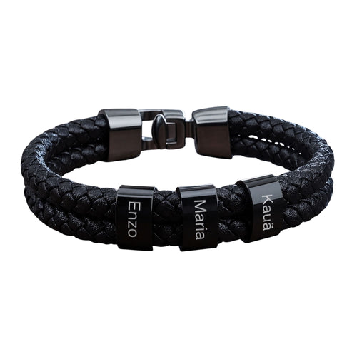 Pulseira Couro Personalizada Com Nomes - Aço inox