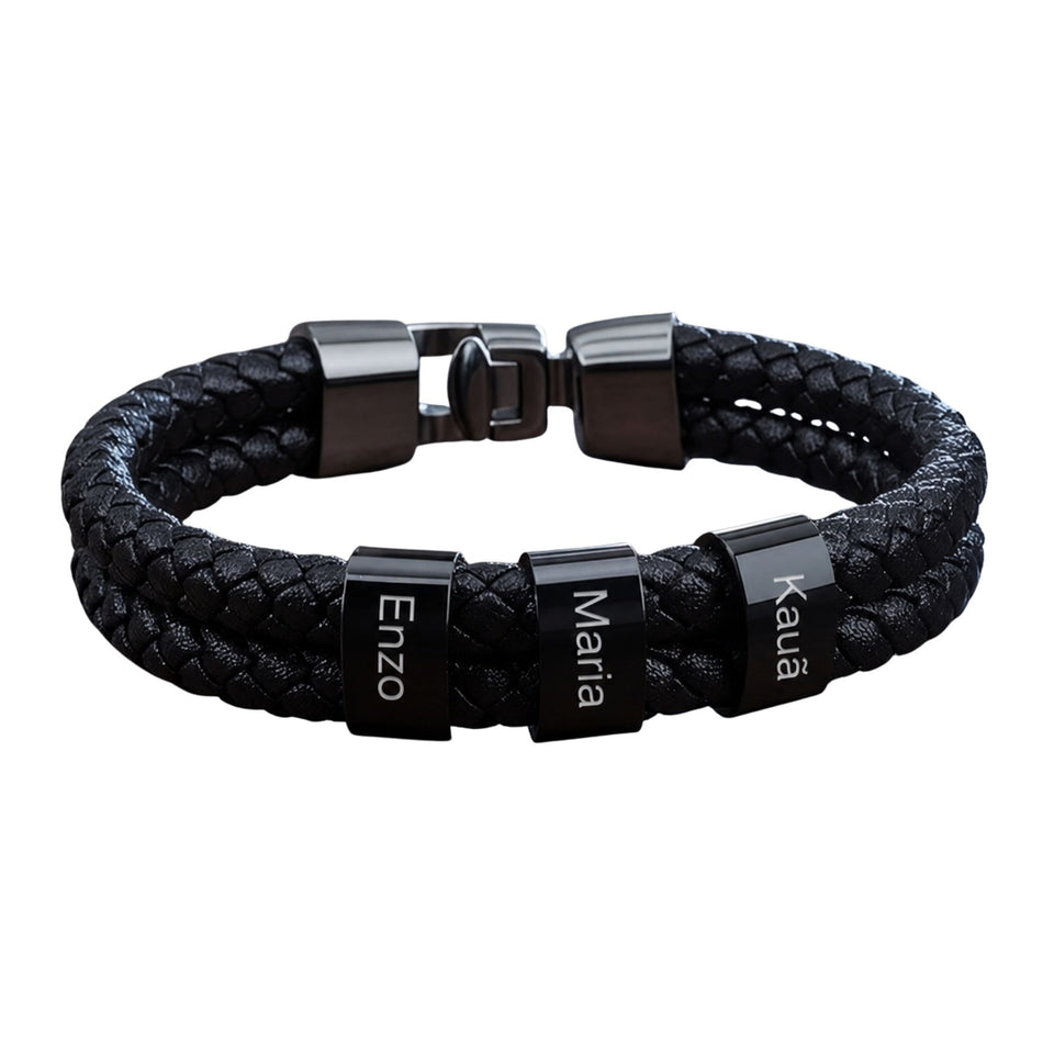 Pulseira Couro Personalizada Com Nomes - Aço inox