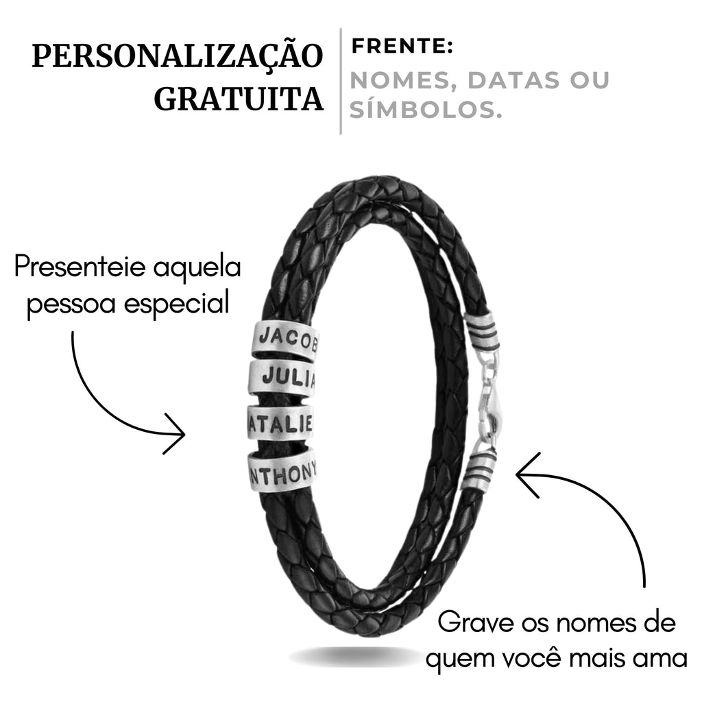 Pulseira_masculina_em_couro_preto_trancado_com_cilindros_prateados_gravados_apresentada_ao_lado_da_embalagem