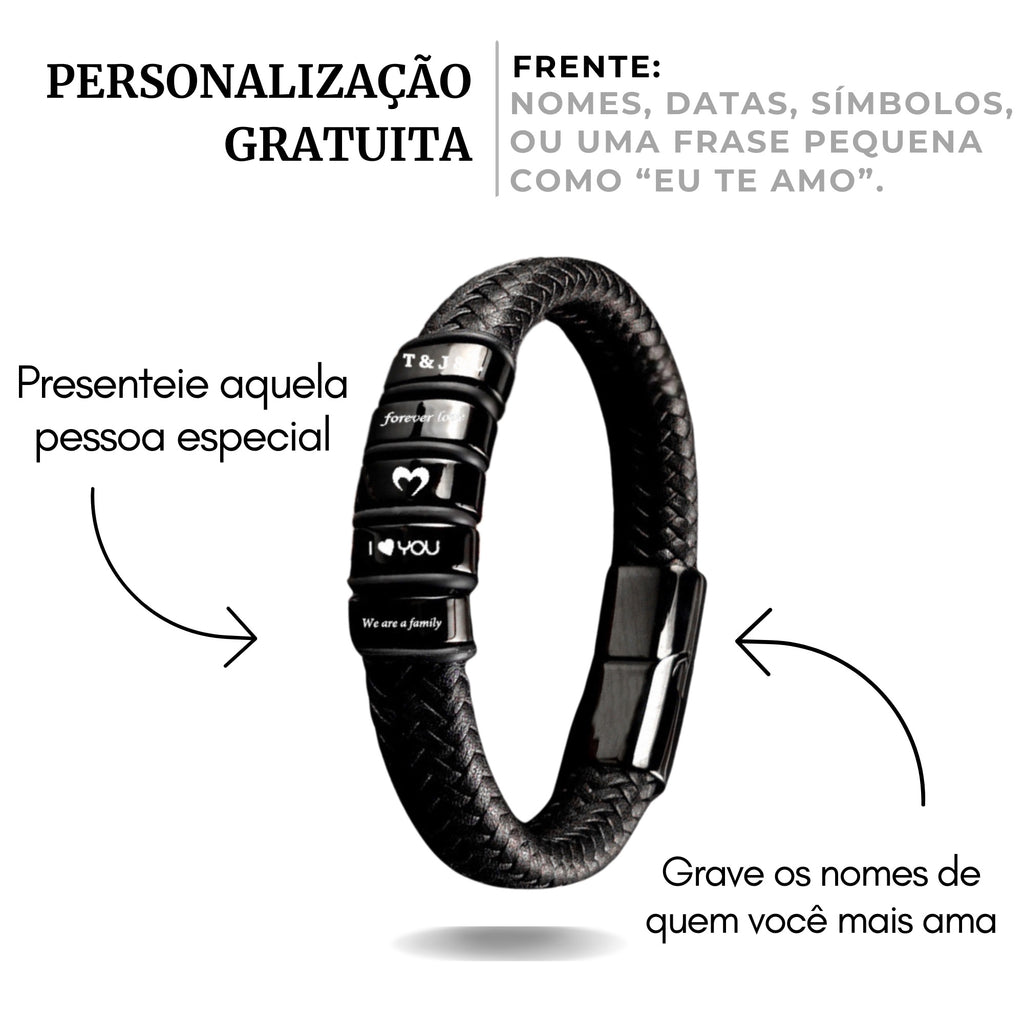 Pulseira_masculina_em_couro_preto_trancado_com_cilindros_pretos_personalizados_e_gravacao_de_nomes