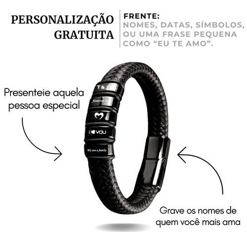 Pulseira_masculina_em_couro_preto_trancado_com_cilindros_pretos_personalizados_e_gravacao_de_nomes