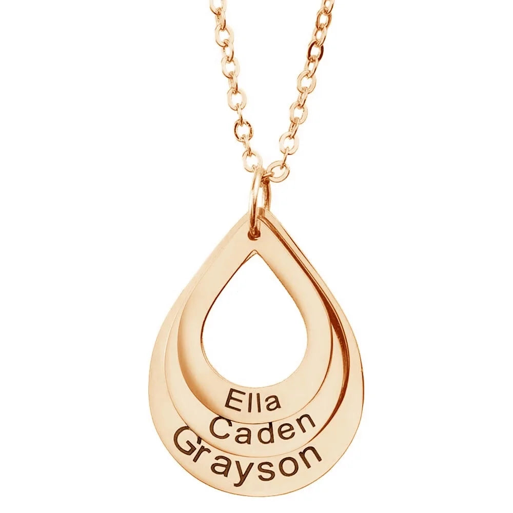 colar personalizado rose em formato de gota gravado com os nomes Ella, Caden e Grayson
